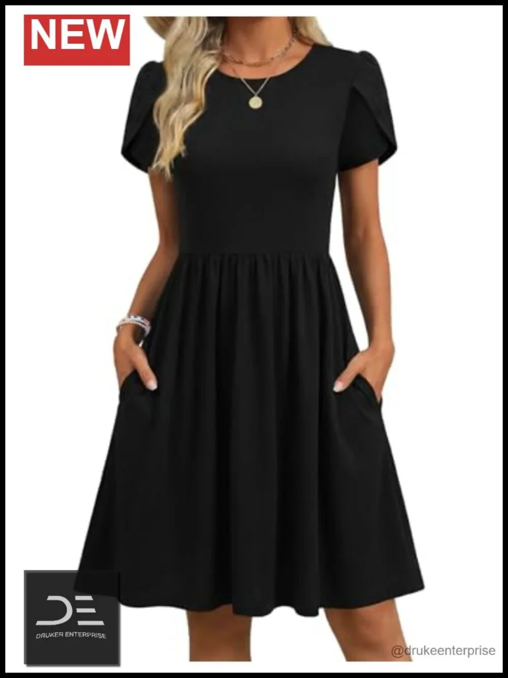 Short Sleeve A-Line Mini Swing Dress with Pockets